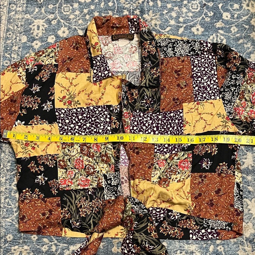 Vintage Virgo II Patchwork Multi Design Bohemian Tie-Front Blouse Hippie - Picture 6 of 9